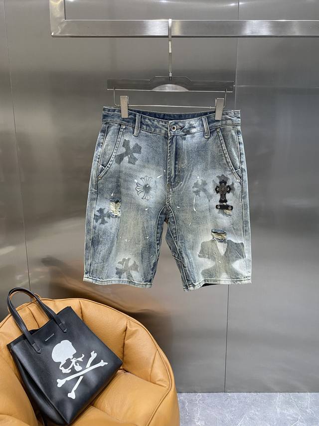 KJ Chrome Hearts denim shorts, trendy with old holes and graffiti letters, full