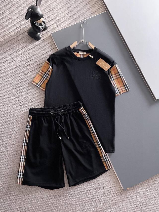 straight brand Burberry 2025 round neck short sleeve shorts suit pure cotton fab