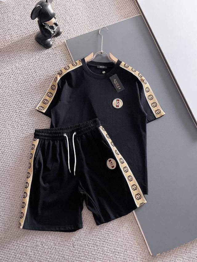 straight brand Gucci 2025 round neck short sleeve shorts suit pure cotton fabric