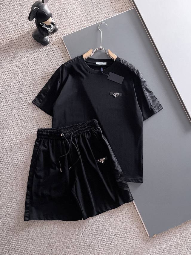 Straight brand Prada 2025 round neck short sleeve shorts suit Pure cotton fabric