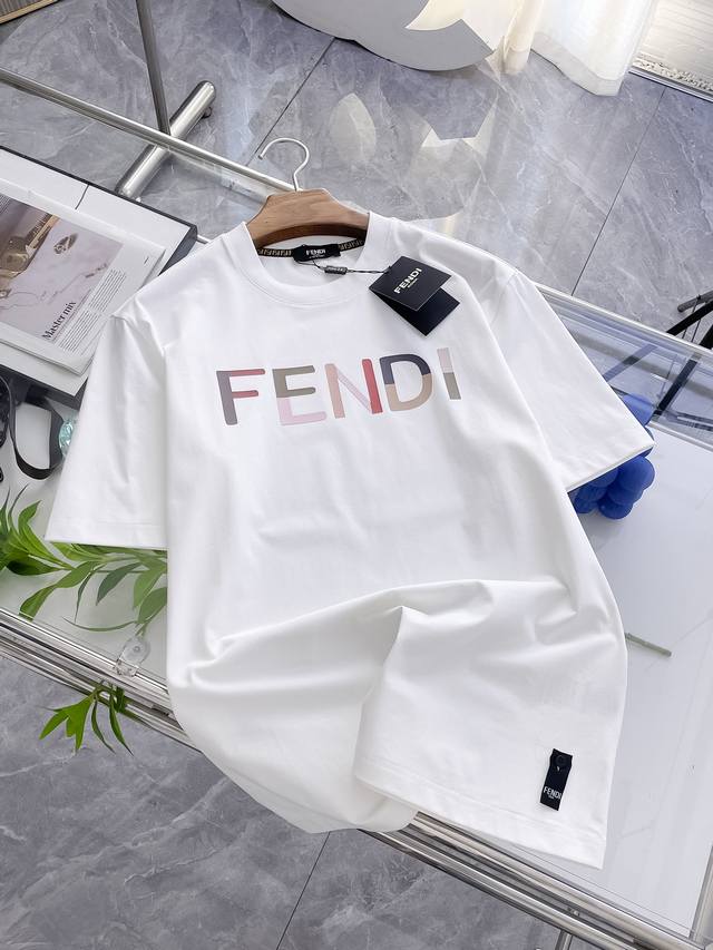 Fendi short-sleeved T-shirt, with a pure background as the canvas, and the brand