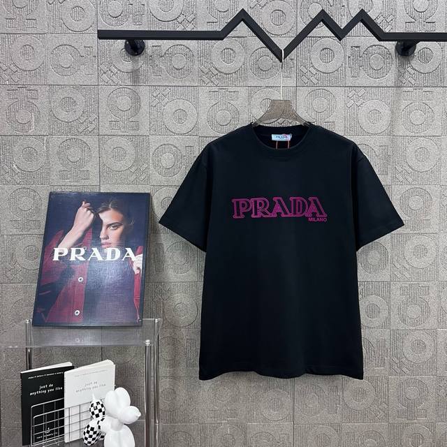 Prada simple letter logo flocking process 330g round neck short-sleeved T-shirt