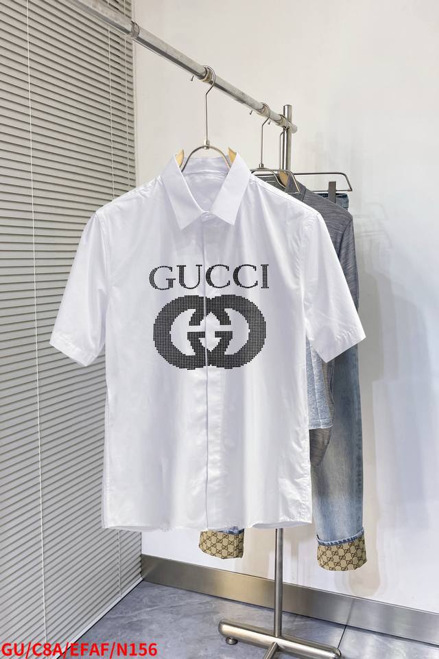 N156 Gu Gucci's latest must-have short-sleeved shirt for men, 100% natural cotto