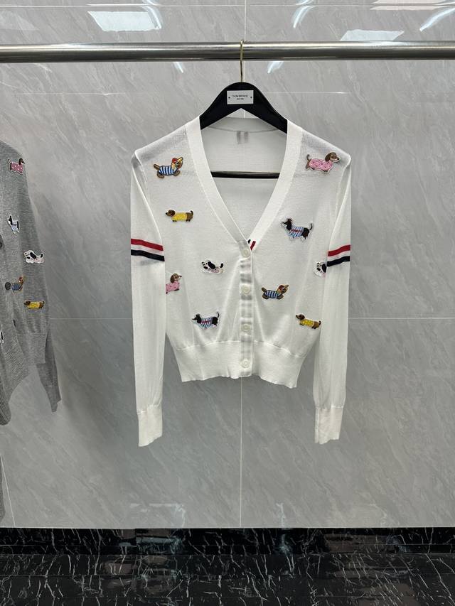 New Thom Browne preppy style V-neck sunscreen cardigan with cartoon puppy decora
