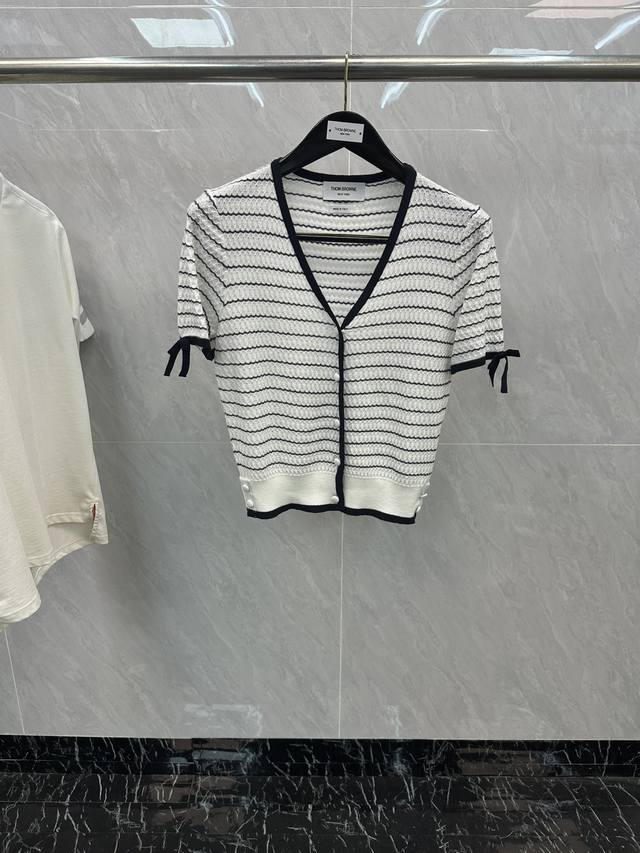 Women's striped V-neck collar bow short-sleeved cardigan Cashmere and mulberry s