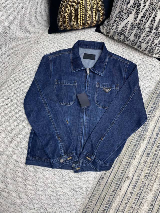 Prada 25Ss new washed effect casual zipper long-sleeved denim jacket men's blue