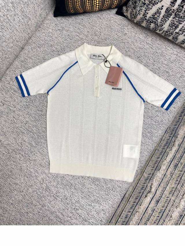 Miu Miu 25Ss new cotton knitted logo print polo shirt for women natural color SM
