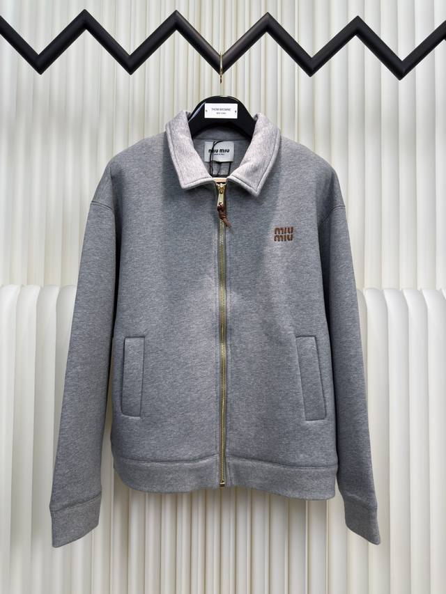 Miumiu small leather label embroidered zipper jacket 380g terry cloth is compoun