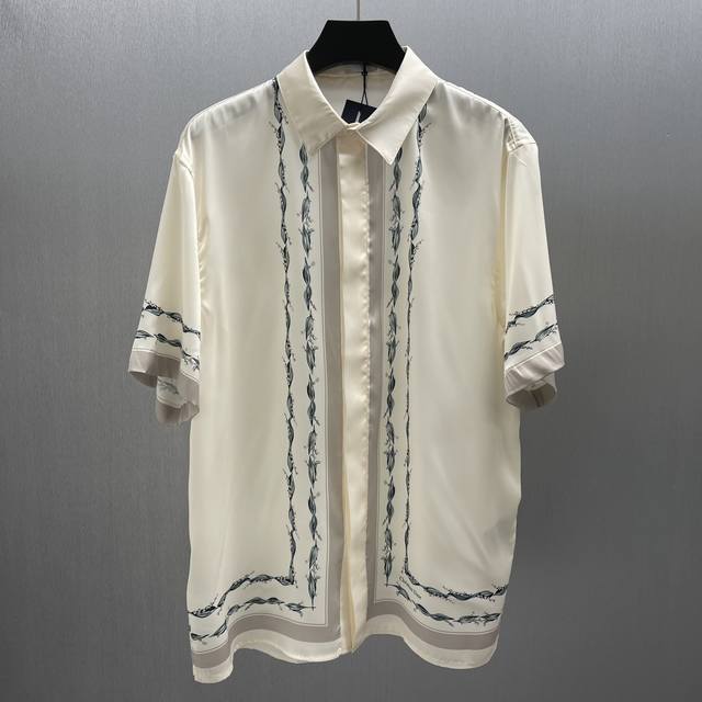 Cd White Silk Twill Lily of the Valley Print Short Sleeve Shirt Size : 39-42 Thi
