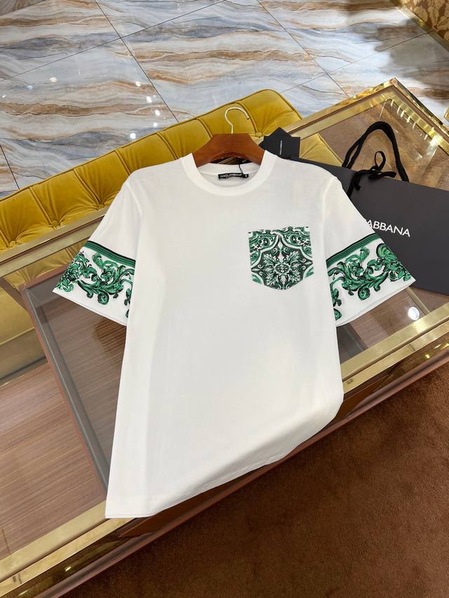 2025Ssdg latest T-shirt top silk material printing splicing design original fabr