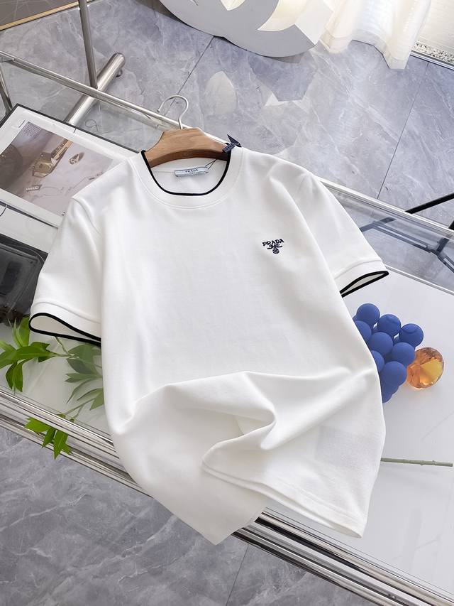 Prada's new mesh pique cotton round neck short T-shirt, made of 100% imported pi