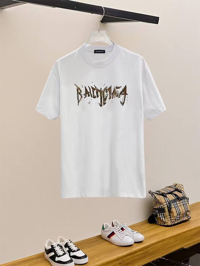 Balenciaga, 25Ss high version chest sticker printed logo round neck short sleeve