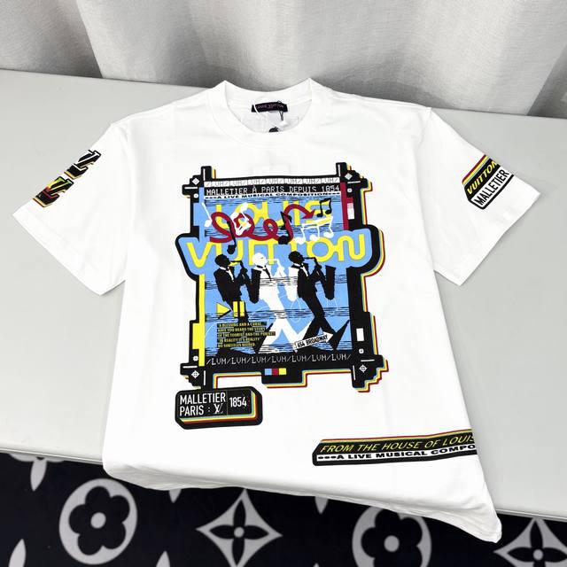 Lv Louis Vuitton digital printing heavy craft round neck pullover short sleeves