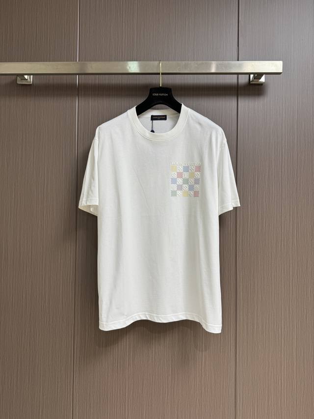 Lv 2025Ss checkerboard jacquard short-sleeved T-shirt, custom-made 100g cotton d