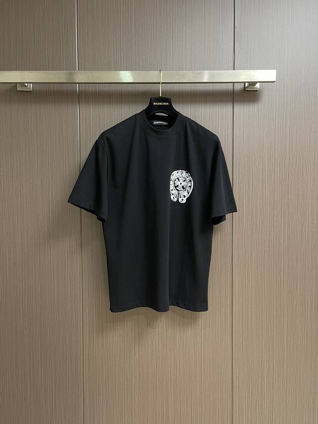 Come Hearts Ch printed round neck short-sleeved T-shirt, high-end fuzzy overlapp