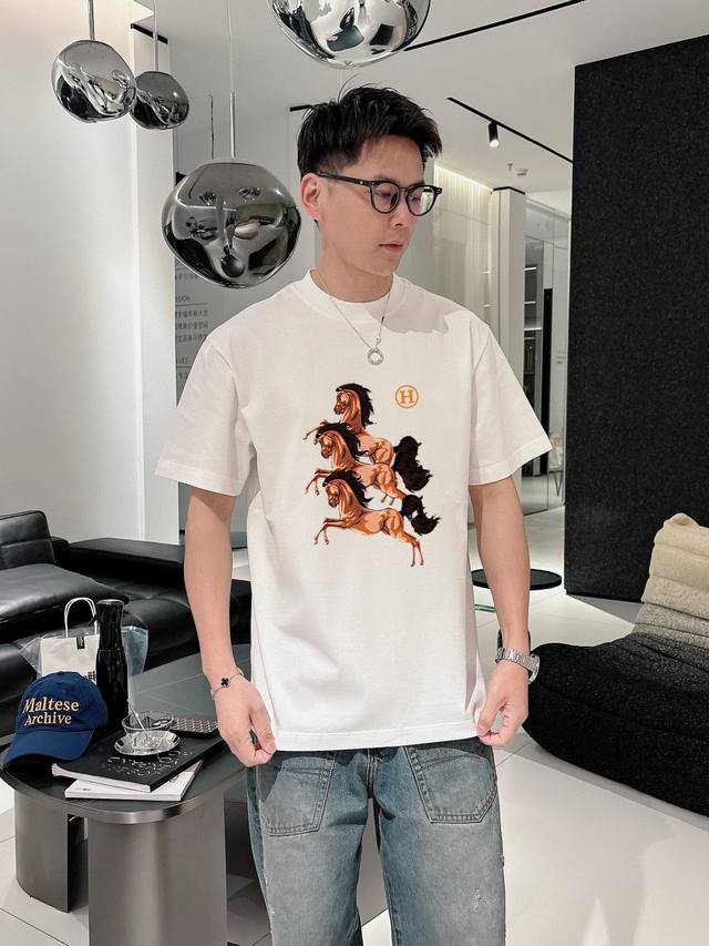 Hermes. 2025 Spring and Summer New Fashion Round Neck Short Sleeve High-end Cust