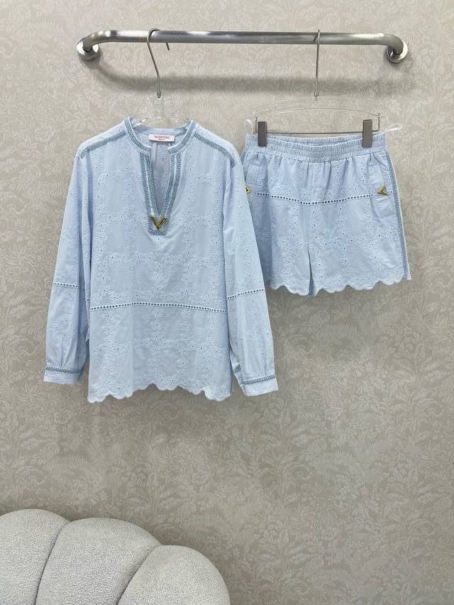 Valentin*25 new hollow carved cotton and linen suit top + shorts for sale as a w