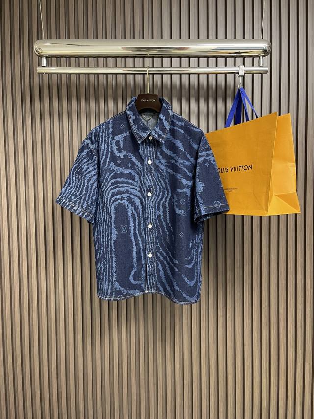 Top Jeans Lv Blue Wave Laser Dark Pattern Denim Short Sleeve Shirt Jeans Set, or