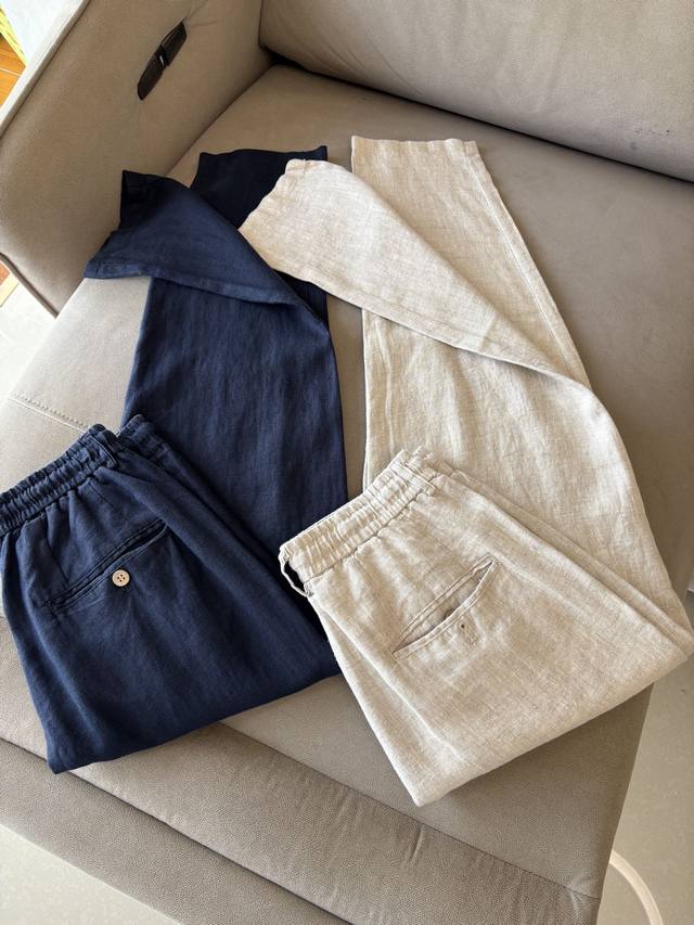 L, P2590 Spring and Summer Embroidered Logo 100% Linen Fashion Casual Pants Unre