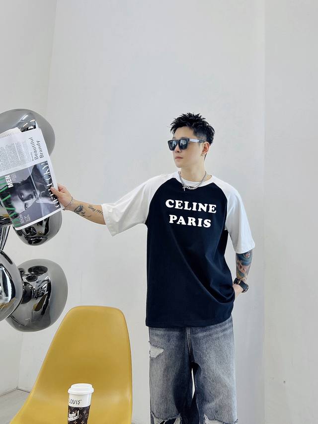Celine raglan new letter print double-layer heavy-duty short-sleeved T-shirt let