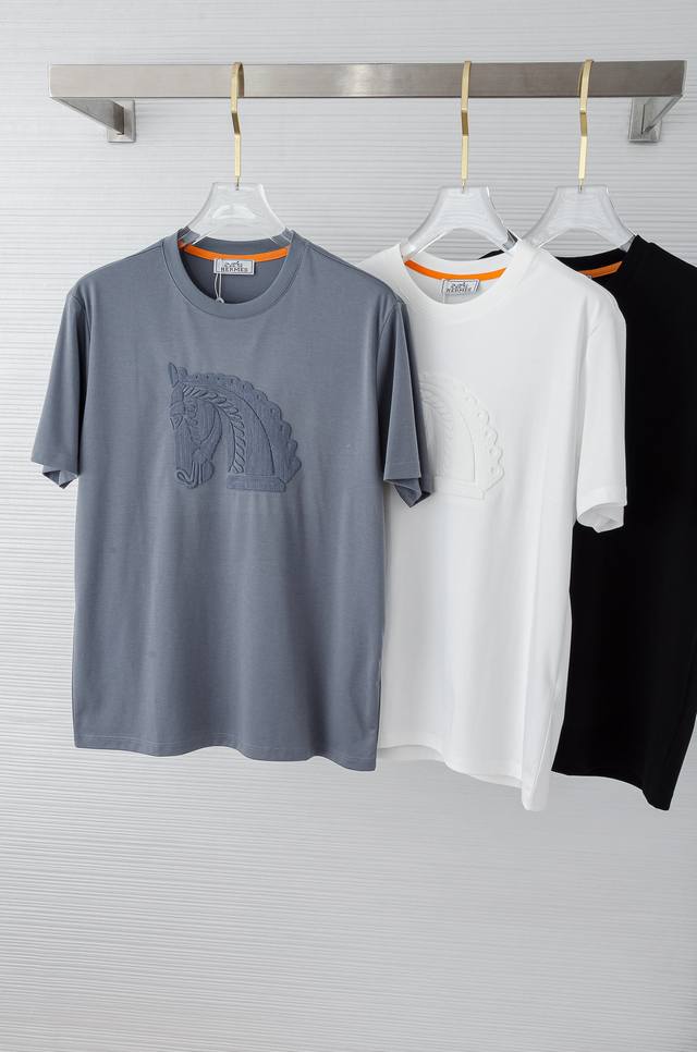 H's 2025Ss spring and summer new smooth mercerized cotton round neck T-shirt#Sel