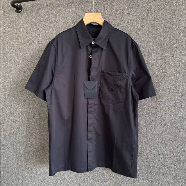 Lv 2025Fw Early Autumn New Style Cotton short-sleeved lapel shirt Dark blue fine