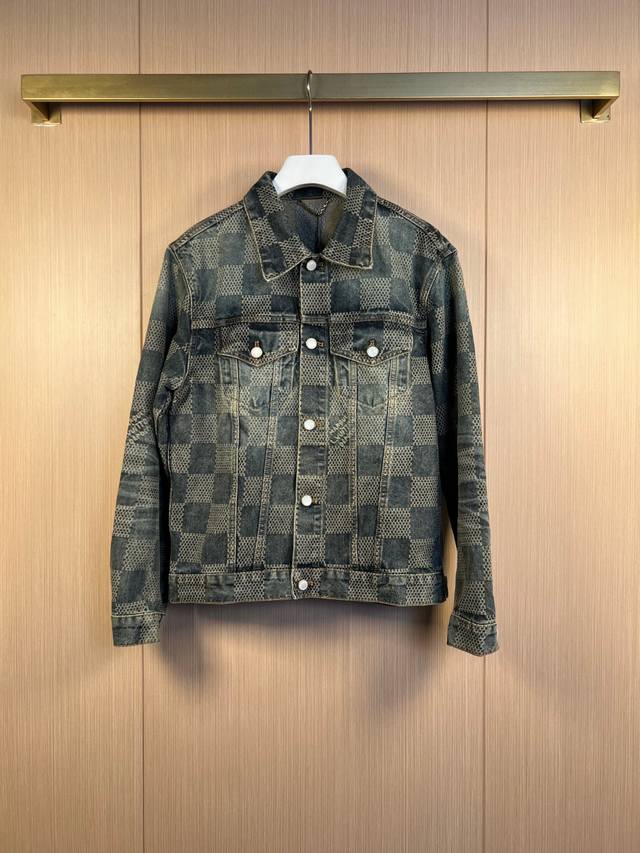 Lv 25Fw New Retro 3D Checkered Lapel Collar Denim Jacket 46-52