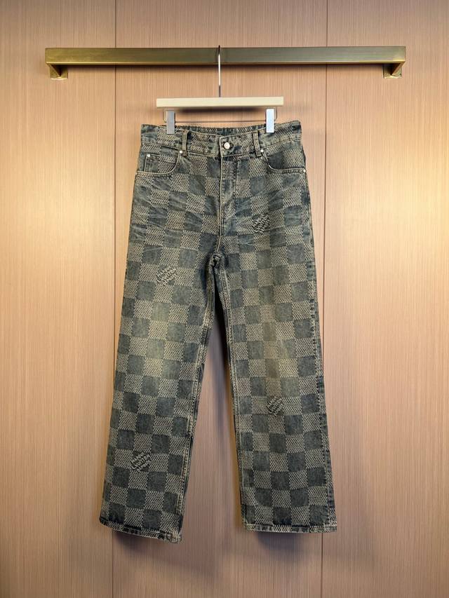 Lv 25Fw new checkerboard nostalgic denim trousers size 30-32-34-36