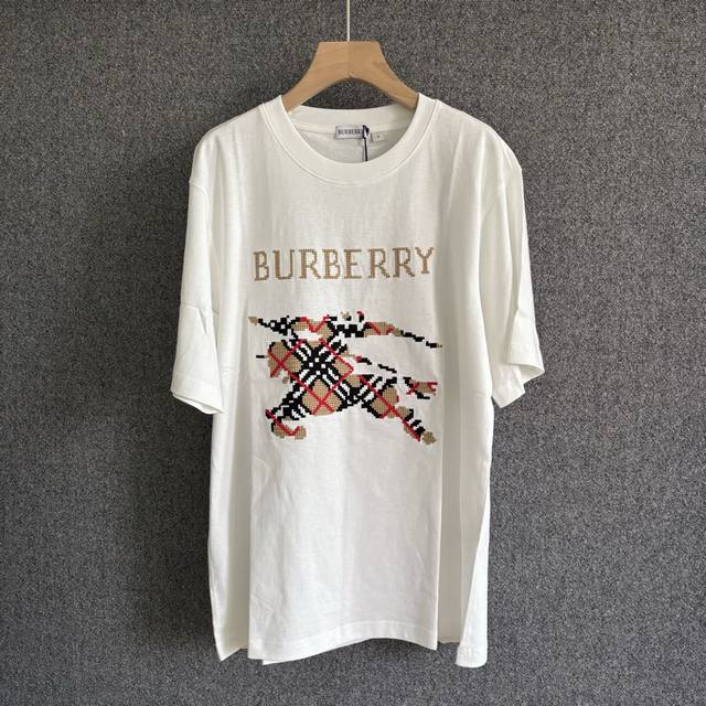 Burb*Rry 2025Ss Spring/Summer new style Knitted round neck cotton T-shirt Cross-