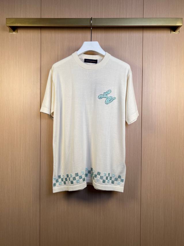 Lv 25Ss Summer new letter checkerboard beaded sweater short-sleeved T-shirt heav