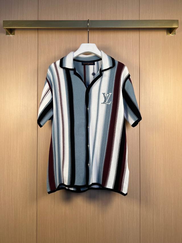 Lv 25 new short-sleeved shirt organic cotton vertical stripes crochet embroidery