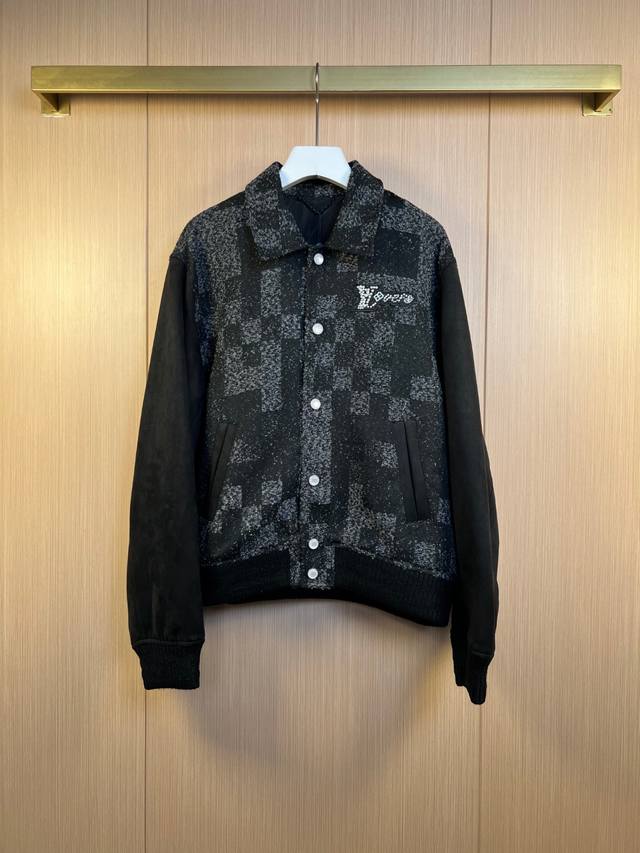 Lv Louis 25Ss new checkerboard warp and weft yarn terry baseball jacket splicing