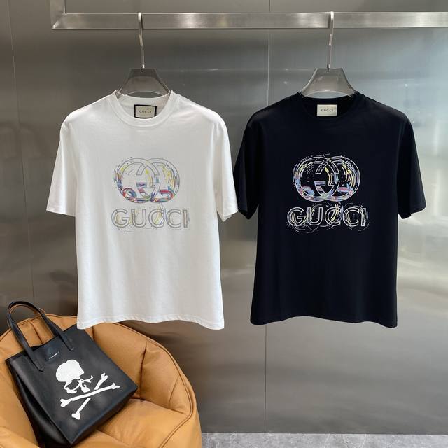 Gucci short-sleeved Tl colorful high-end color ink-splashed double G printing wi