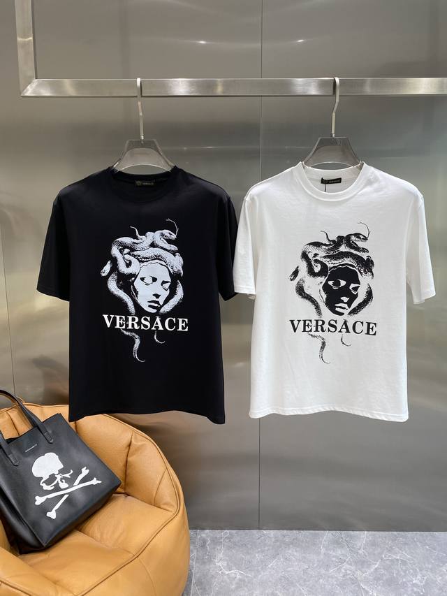 Fanjia Versace short-sleeved classic black base, Medusa print + "Versace" letter