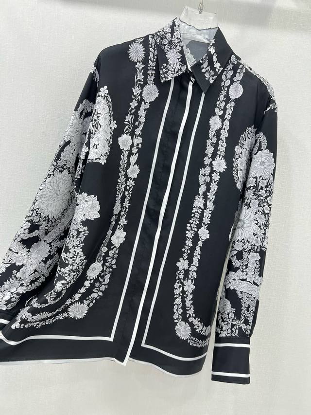 Herme* 25 new Brides Gala En Fleurs silk lapel shirt with positioning print. 100