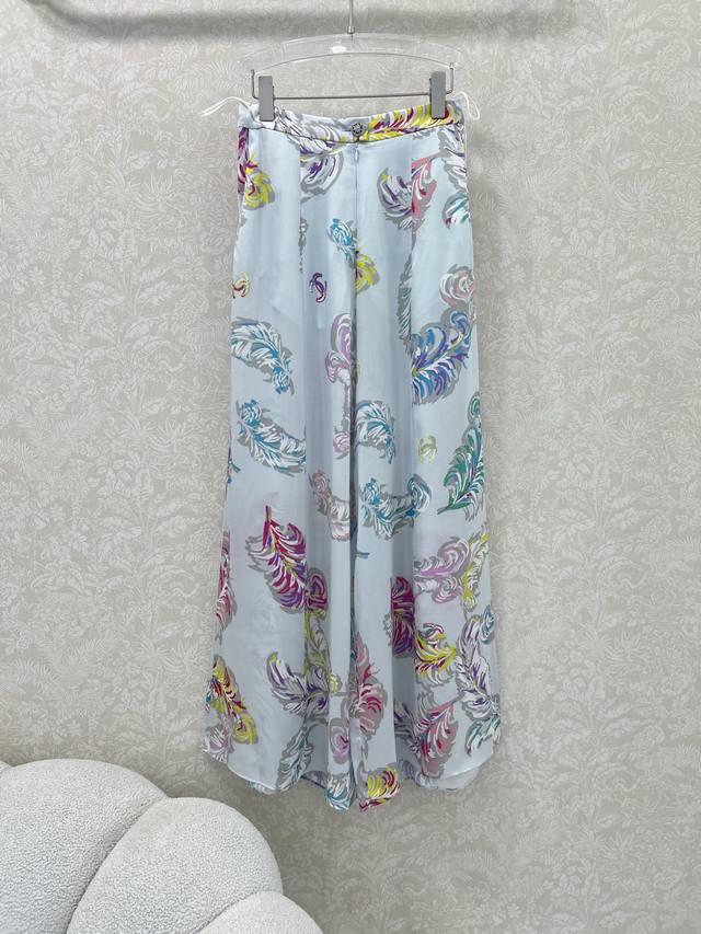 Chan*L 25 New colorful 100% silk feather print trousers Super wide legs for slim