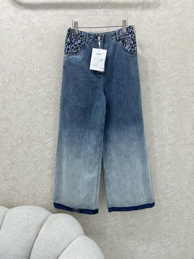 Chan*L25 new retro denim trousers with small logo print on pockets, gradient col