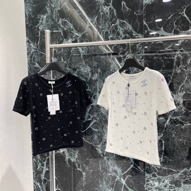 Chanel 25 early autumn new beaded round neck knitted short sleeves all over crys