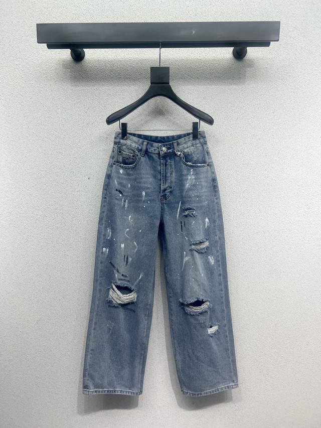 Ac* Paint Graffiti Hole Straight Jeans Yb Customized High Quality Size 26.27.283