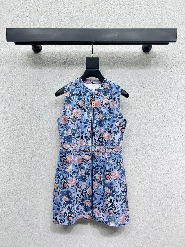 L series retro floral denim dress imported pure cotton retro printed fabric whit