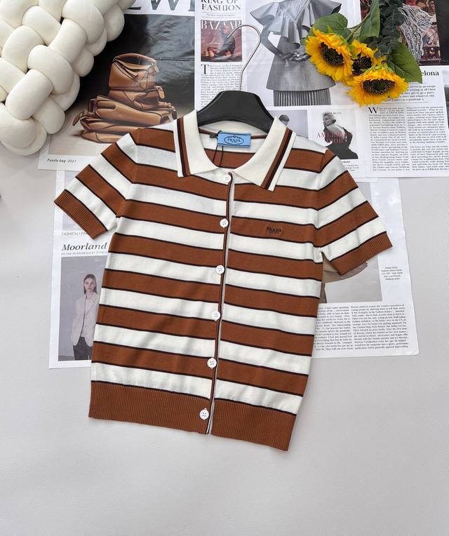 Prada 2025 new striped knitted short-sleeved cardigan, custom Yb imported yarn,
