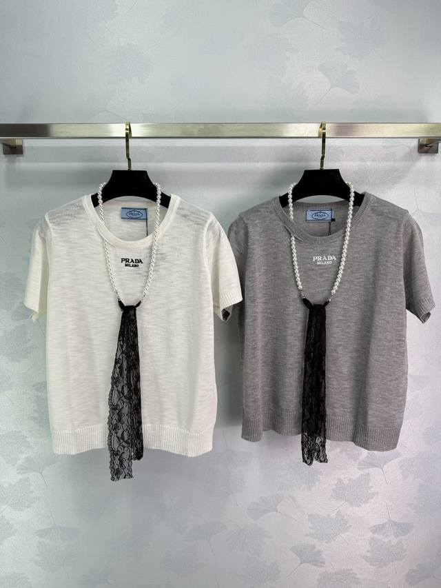 Pra*25 Spring and Summer new pearl necklace short-sleeved sweater, round neck de