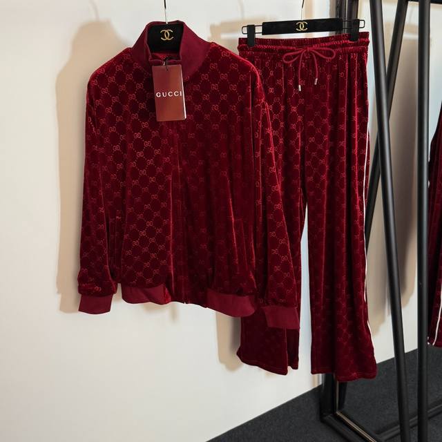 Style No. 20253813 Gucc* new velvet suit, old flower Gg letter stand collar long