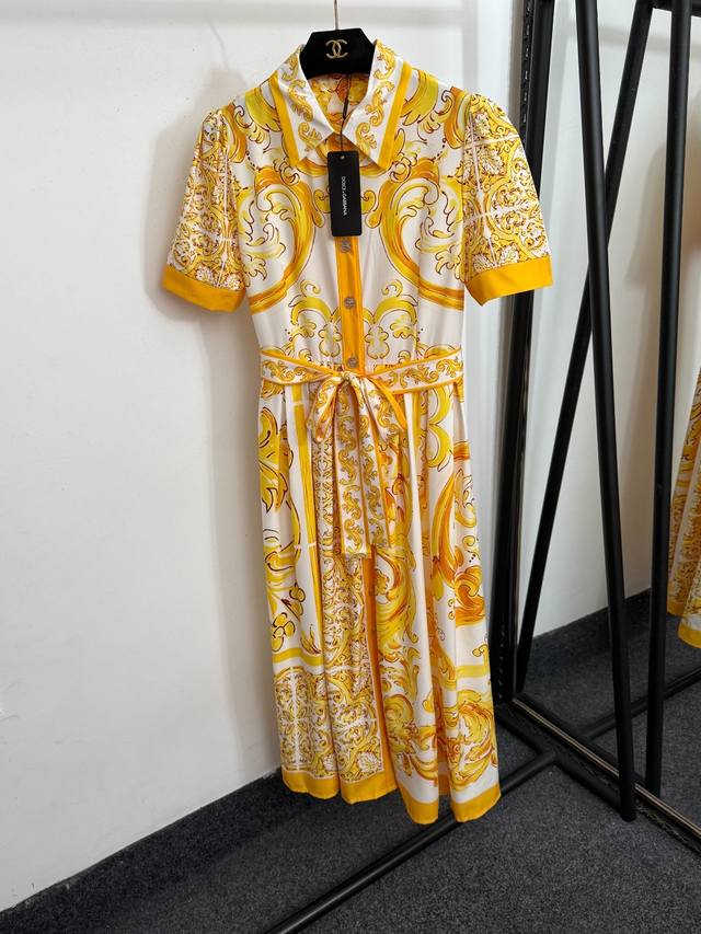 Style No. 20253812 Dg* New retro printed tie waist lapel short-sleeved dress, ye