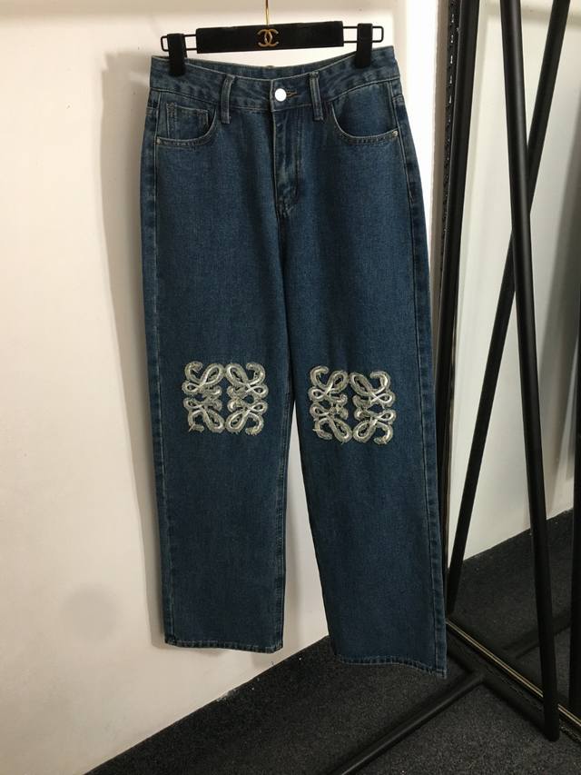 Style No. 8597 Loew* new knee logo raw edge embroidery versatile slim denim trou