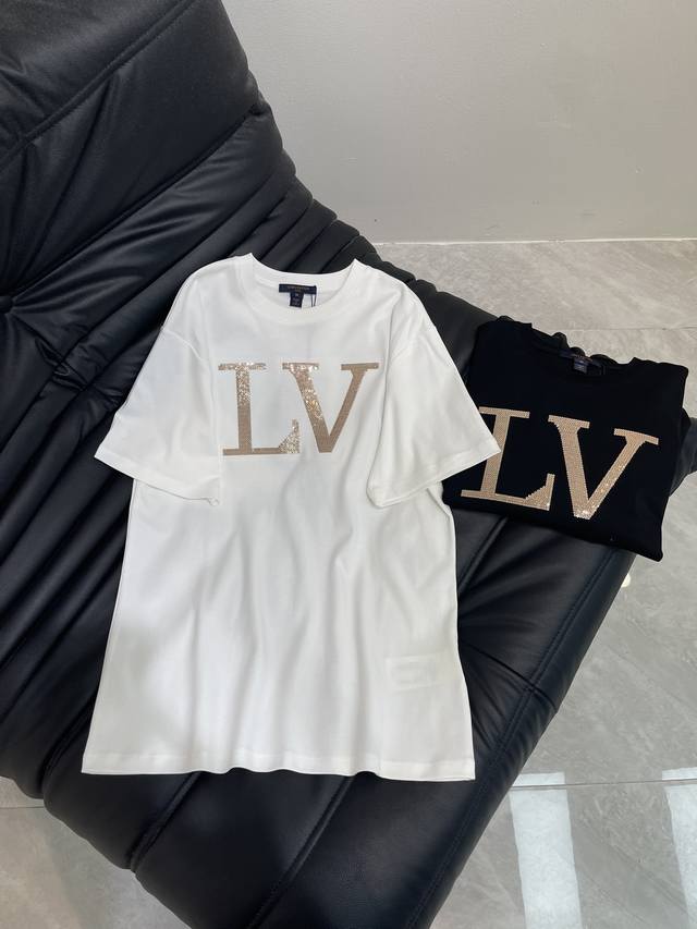 Louis Vuitto*25 Spring and Summer new heavy embroidery sequin short-sleeved T-sh