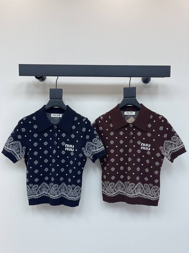 Miumi*25 new lapel knitted short-sleeved top, custom-made with Yb silk and wool