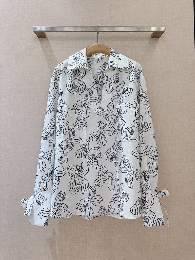 Max Ma*R*A 2025 New Product Recommendation... Bowknot Print V-neck Lapel Shirt M