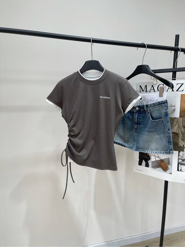Ann gray-brown double-layer short-sleeved T-shirt with white drawstring , fabric