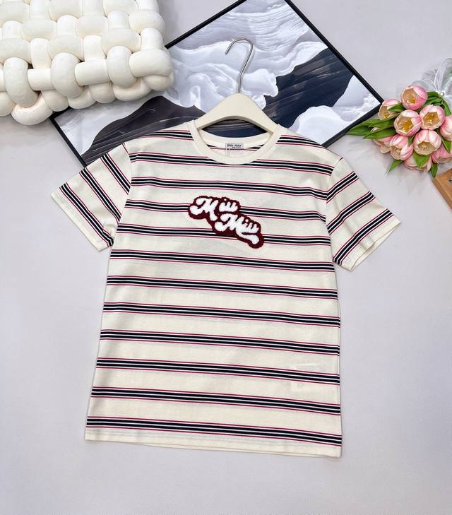 Miumiu new towel embroidered striped short-sleeved top, customized Yb imported c